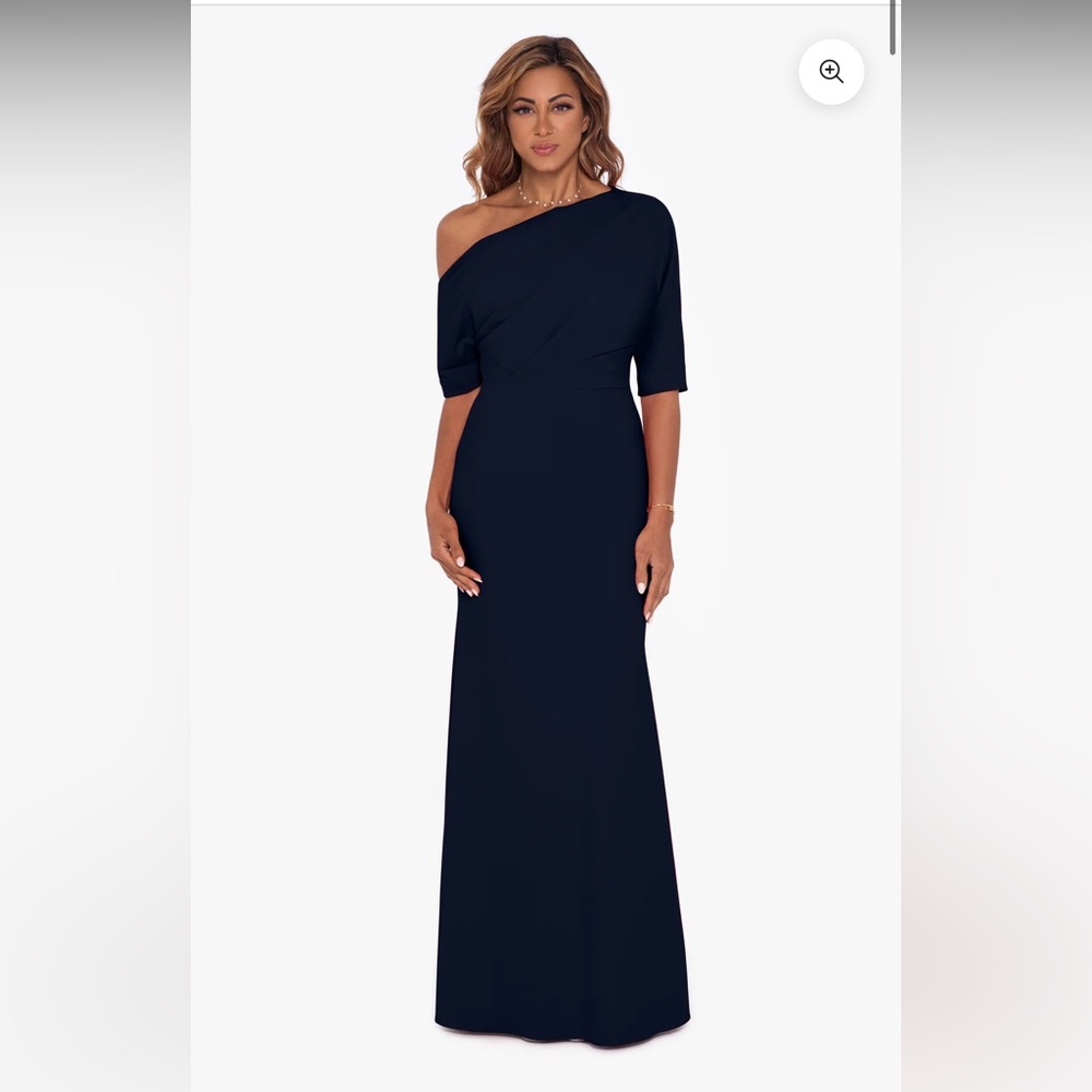 Betsy & Adam Asymmetrical Blue One Shoulder Gown
